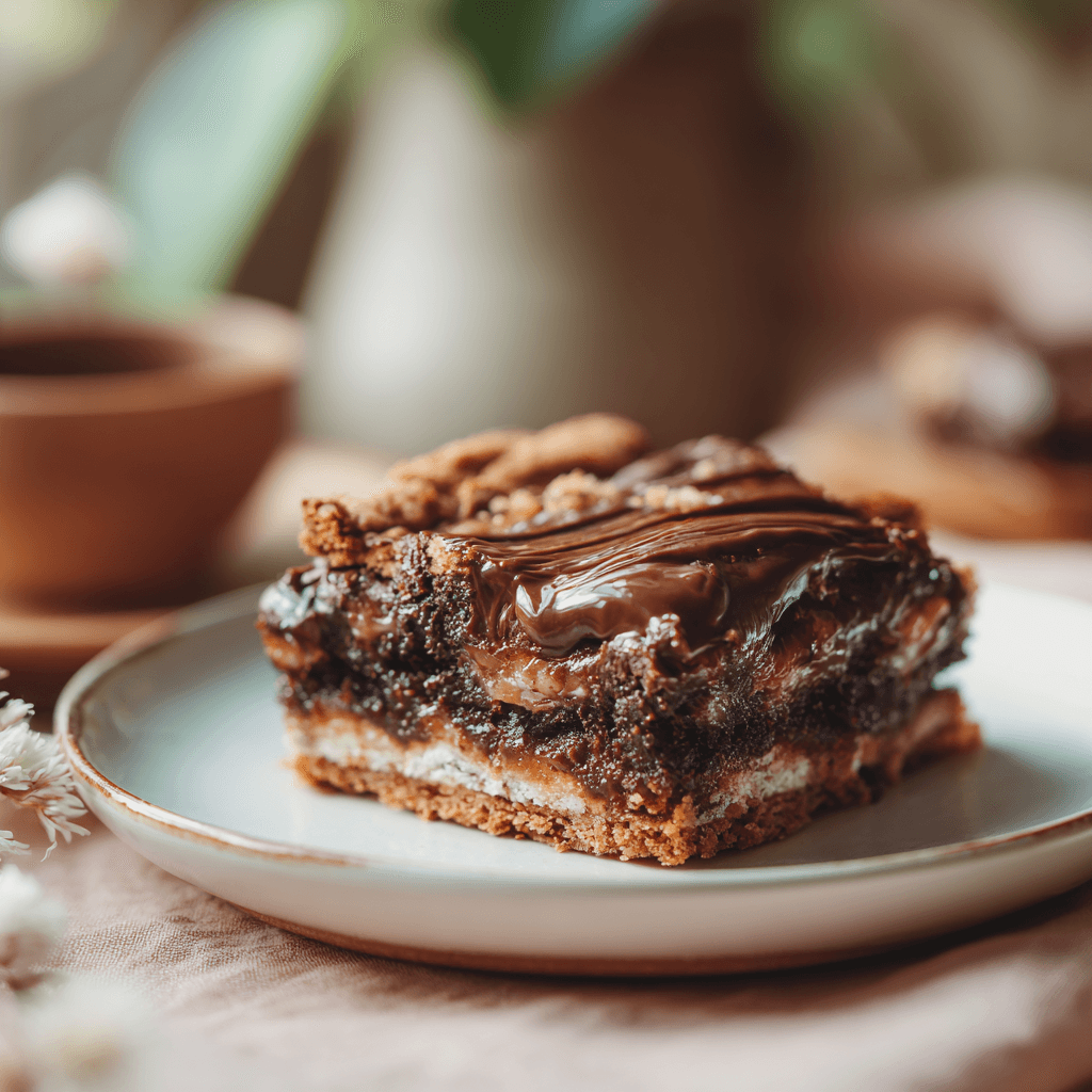 Chocolate dessert square on white plate showing layers of brownie, cookie dough, and biscuit.