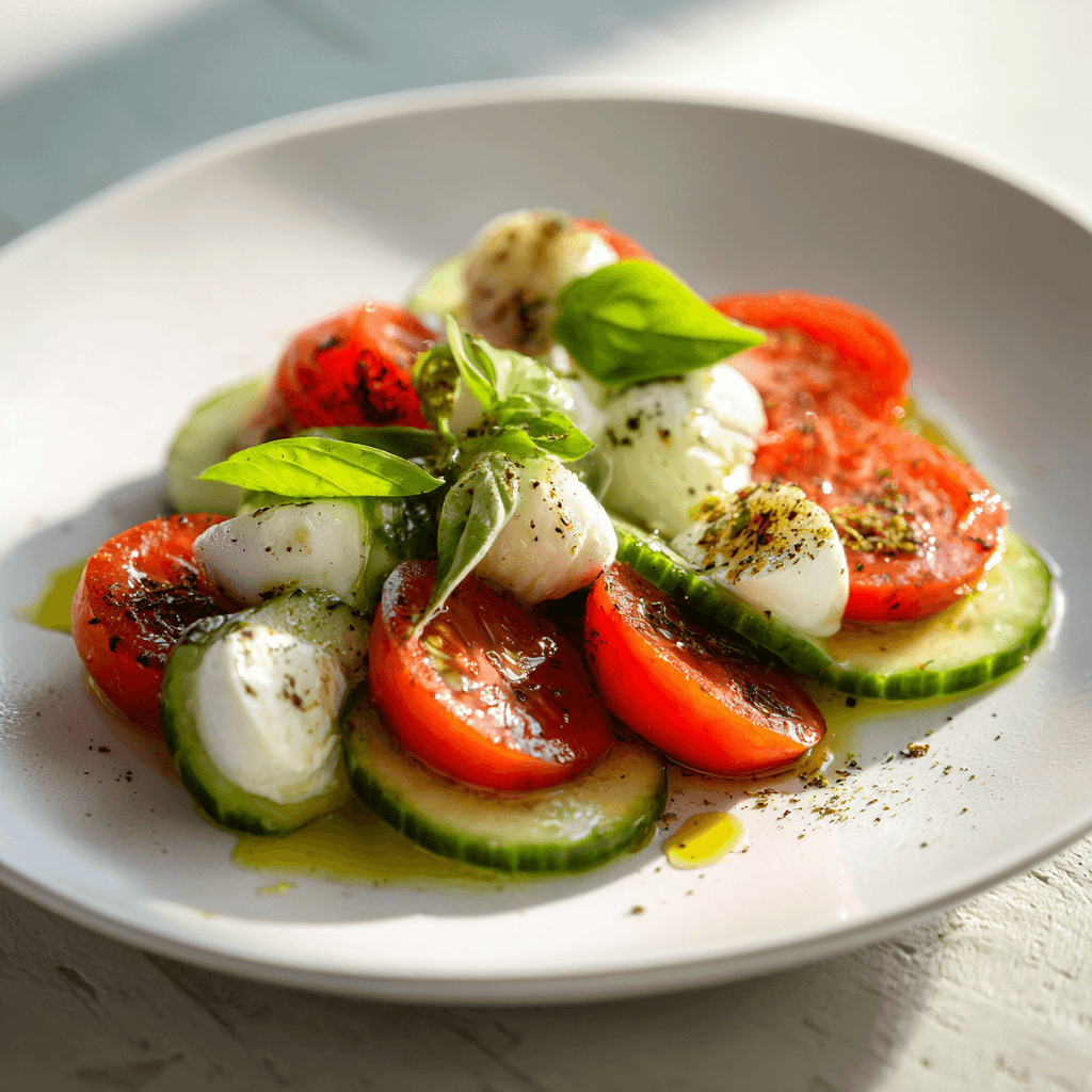 Easy Cucumber Caprese Salad 3 u7568358879 A single serving of Cucumber Caprese Salad arrang b23732d8 eb02 40af 9c2b 8a0d3fbd5e07 2 - Easy Cucumber Caprese Salad