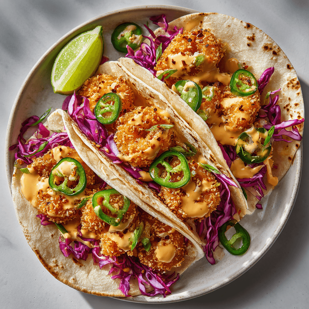 Air Fryer Bang Bang Shrimp Tacos on a white ceramic plate, featuring crispy golden shrimp coated in creamy spicy sauce, topped with sliced jalapeños and shredded purple cabbage on soft flour tortillas.