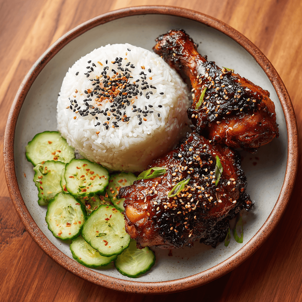 Korean-style Kalbi chicken legs served with rice and cucumber salad on a ceramic plate.