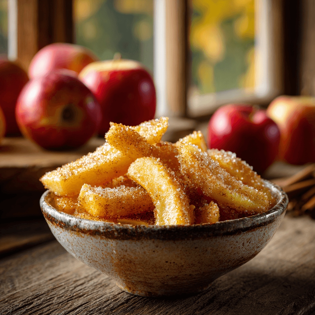 Golden air fryer apple fries coated in cinnamon sugar served in a rustic bowl with apples in the background — warm cozy lighting and crispy dessert texture.