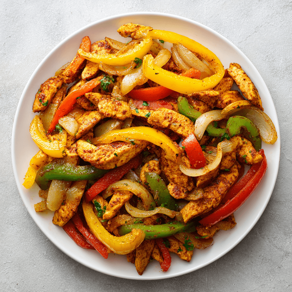 Juicy air fryer chicken fajitas with colorful peppers and onions in an air fryer basket.
