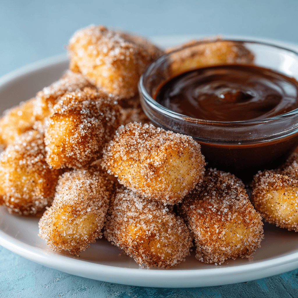 Golden air fryer churro bites dusted in cinnamon sugar served with a bowl of chocolate dipping sauce on a white plate — close-up dessert shot with soft natural light.