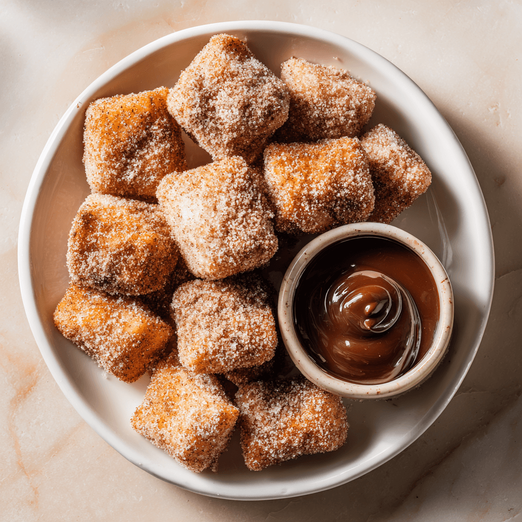 Cinnamon sugar-coated churro bites with chocolate dipping sauce on a white plate — bright, clean, and realistic dessert presentation in natural daylight.