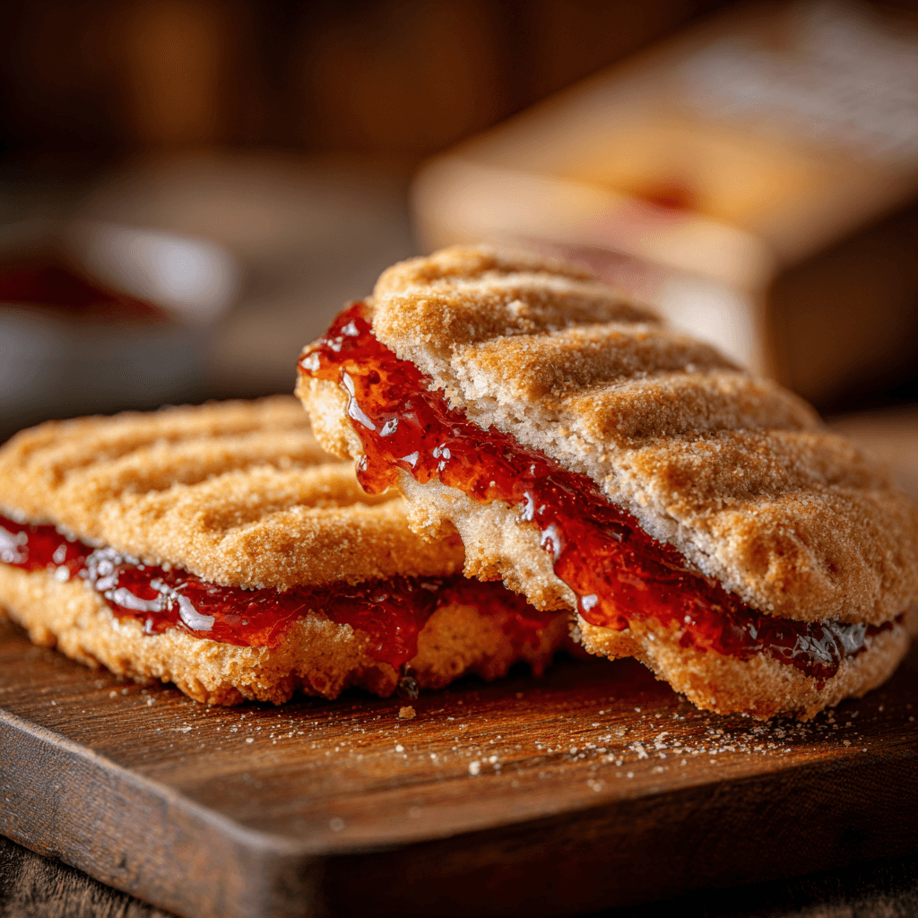 Golden-brown air fryer uncrustables with melted strawberry jam and peanut butter filling on a wooden board — warm natural light, crispy and gooey texture close-up.