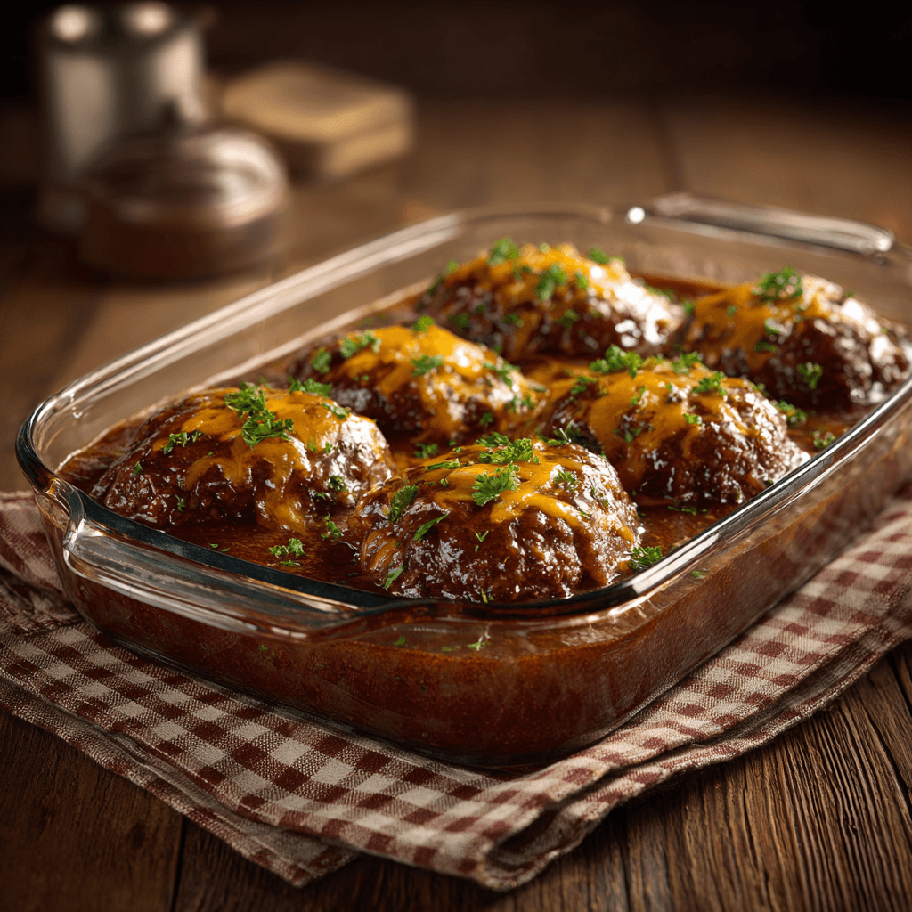 Close-up of Amish Hamburger Steak Bake showing tender beef patties covered in melted cheese and rich brown gravy, garnished with parsley.