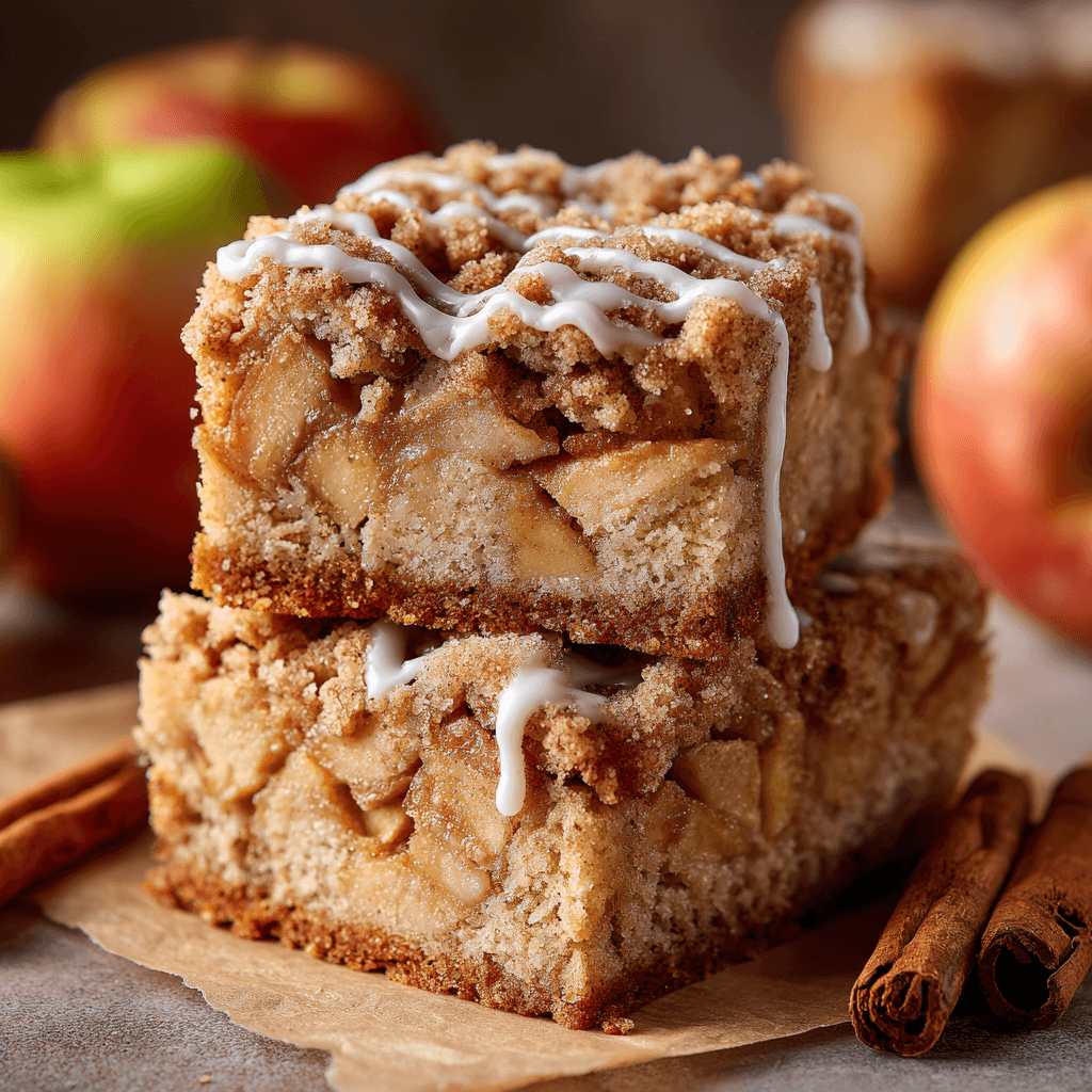Slice of apple pie coffee cake with crumb topping and icing drizzle served on a white plate with fresh apple slices — bright, clean food photography in natural light.