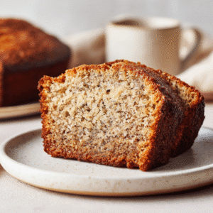 Banana bread slice on a white plate showing moist crumb and golden crust.