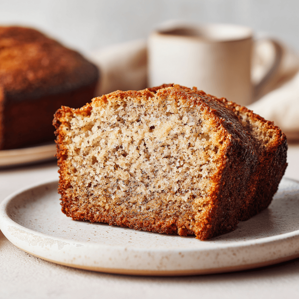 Banana bread slice on a white plate showing moist crumb and golden crust.
