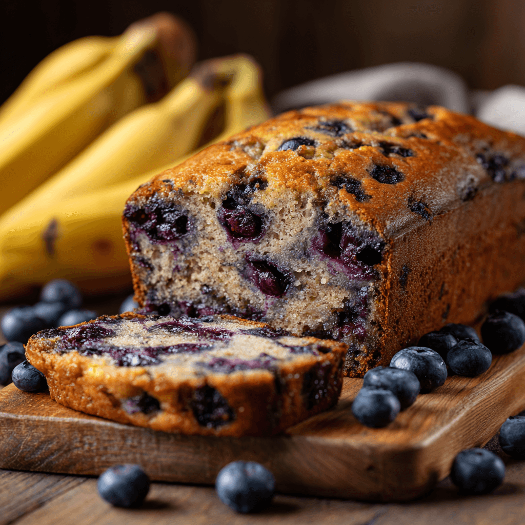 Golden blueberry banana bread loaf with a sliced piece showing moist crumb and juicy blueberries on a wooden cutting board — rustic home-baked presentation in natural light.