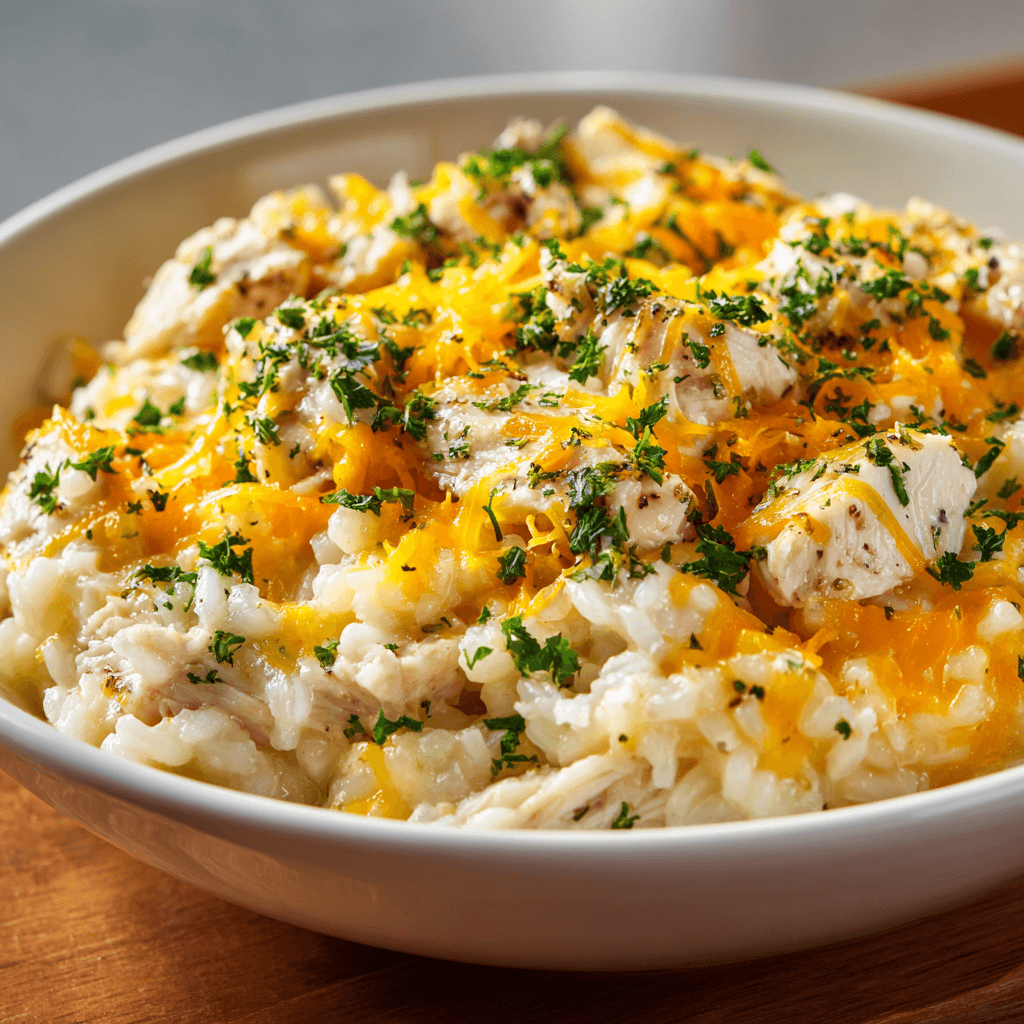 Cheesy chicken and rice served in a white bowl with parsley on top.