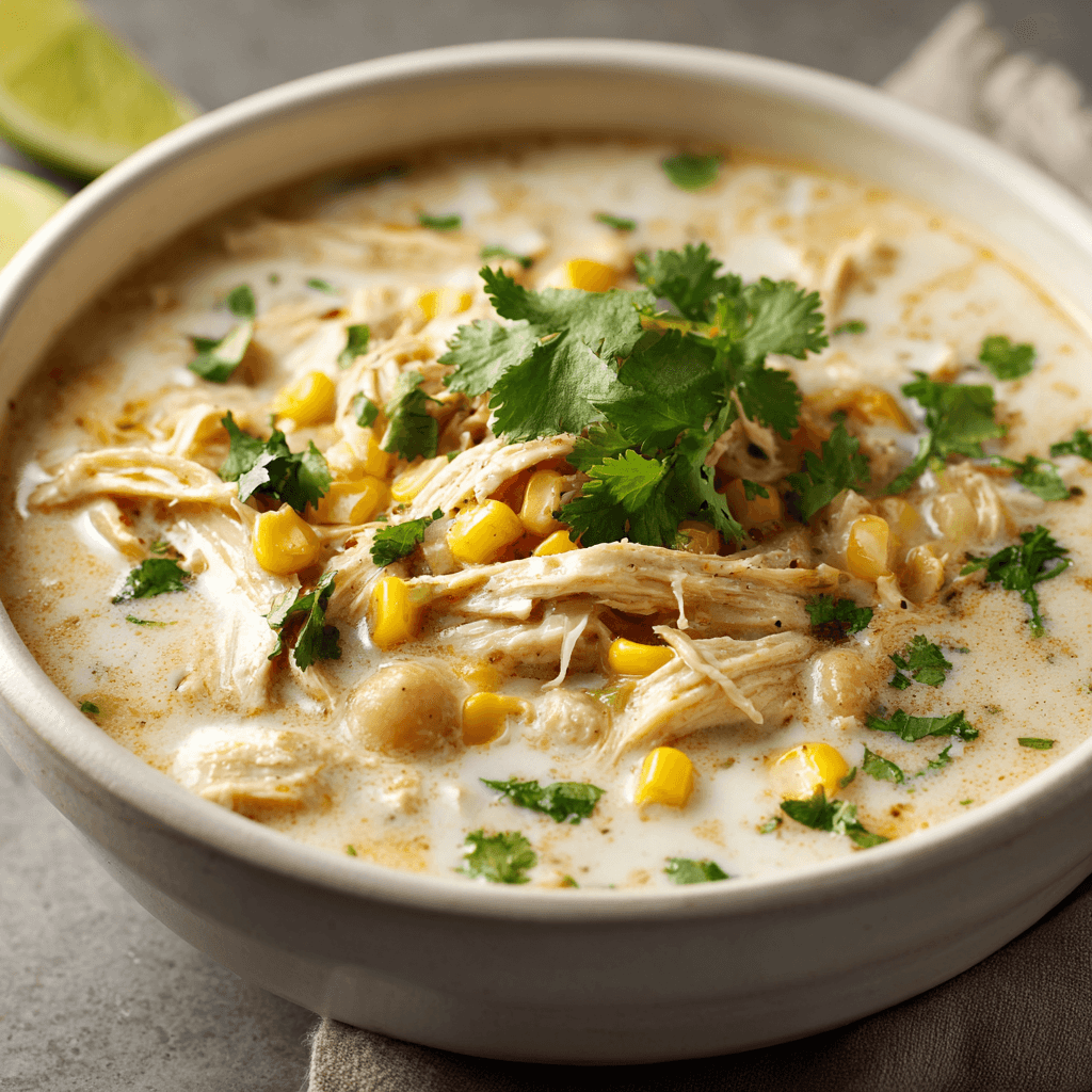 White chicken chili with shredded chicken, white beans, and corn served in a bowl.