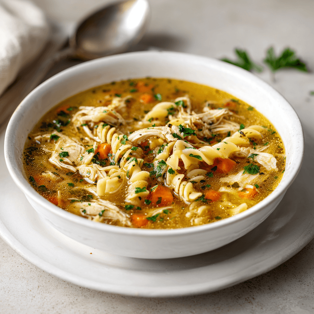 Chicken noodle soup with shredded chicken, vegetables, and parsley served in a bowl.