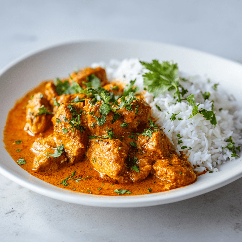 Butter chicken curry with white rice and cilantro served on a white plate.