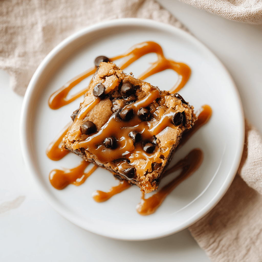 Caramel chocolate chip cookie bar on white plate with gooey melted caramel and chocolate.