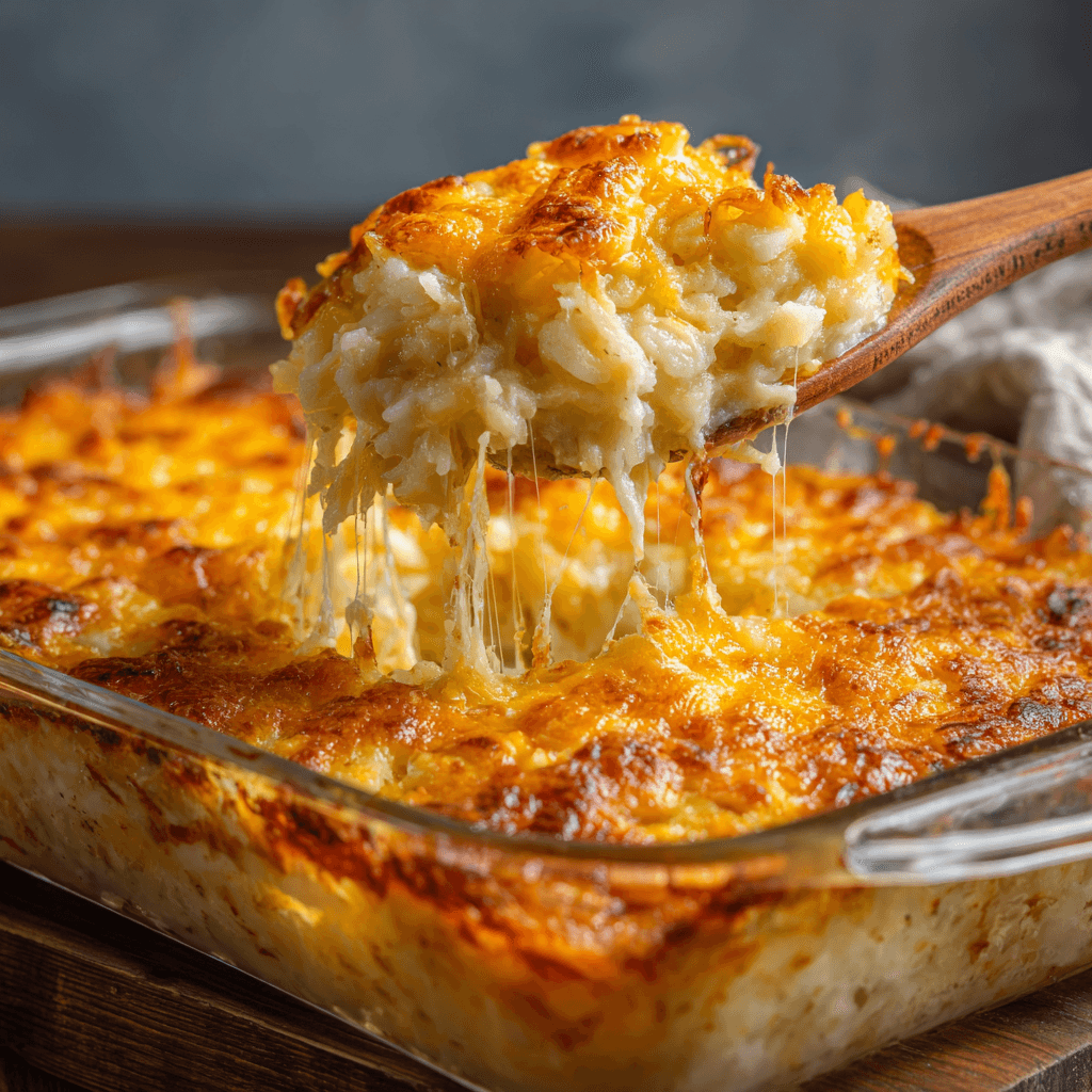 Cheesy potato casserole baked in a clear glass dish, golden-brown melted cheese bubbling on top with shredded potatoes visible beneath, a wooden spoon lifting a gooey, cheesy serving