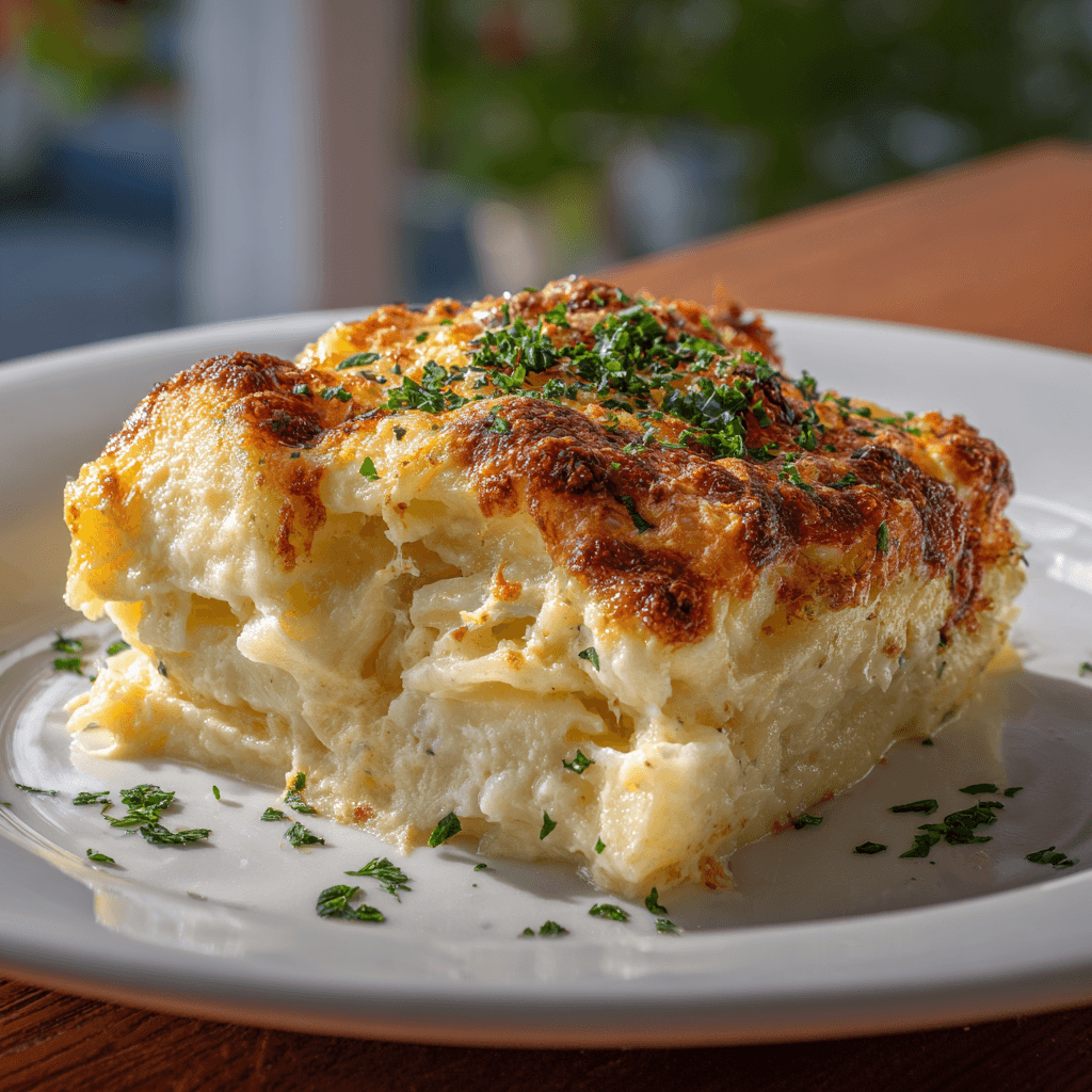 Cheesy potato casserole served on a white porcelain plate, topped with golden melted cheese and fresh herb garnish, creamy interior with visible shredded potatoes