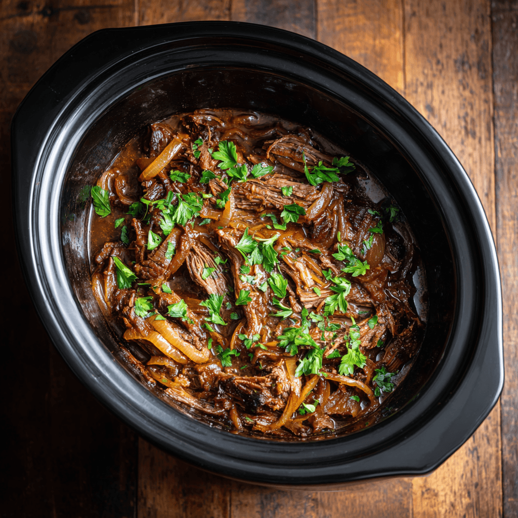 u7568358879 Classic French onion pot roast in a black slow co c7c8fc94 d5b0 45af a737 38d5f4521302 3 - Ultimate French Onion Pot Roast Recipe (2 Easy Ways – Slow Cooker & Oven)