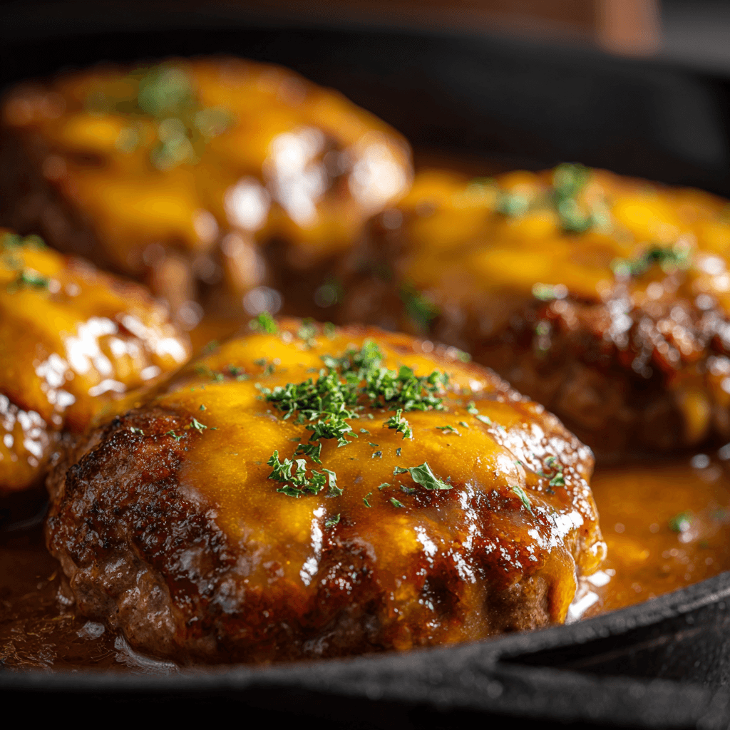 Amish Hamburger Steak Bake in a glass casserole dish, juicy hamburger patties baked in savory brown gravy, topped with melted cheese and fresh parsley garnish.
