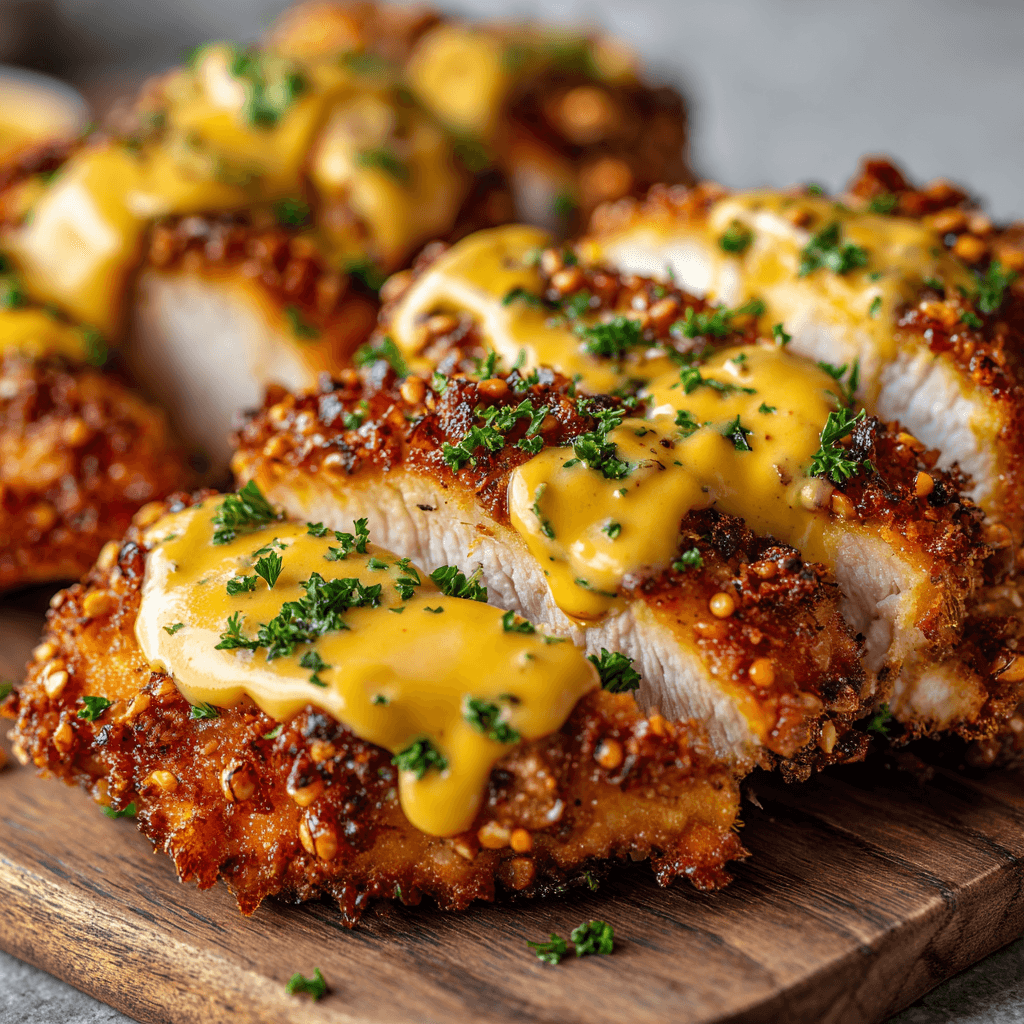 Pretzel Chicken with Mustard-Cheddar Sauce: A Tasty Delight 2 Close-up of Crispy Pretzel Chicken topped with mustard cheddar sauce, showing crunchy golden pretzel crust, melted sauce texture, and fresh parsley garnish.