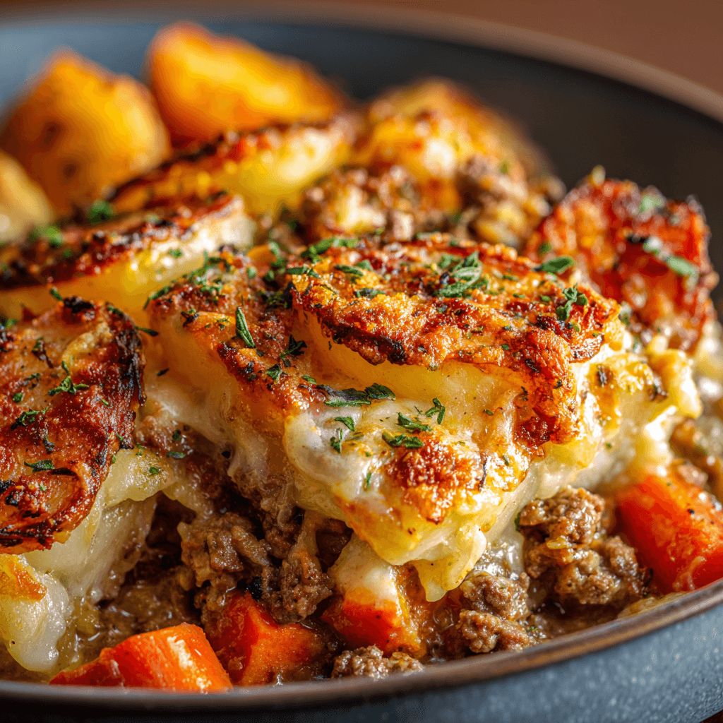 Close-up of Hearty Hobo Casserole showing cheesy melted layers, golden roasted potatoes, juicy ground beef, and tender carrots, topped with herbs.