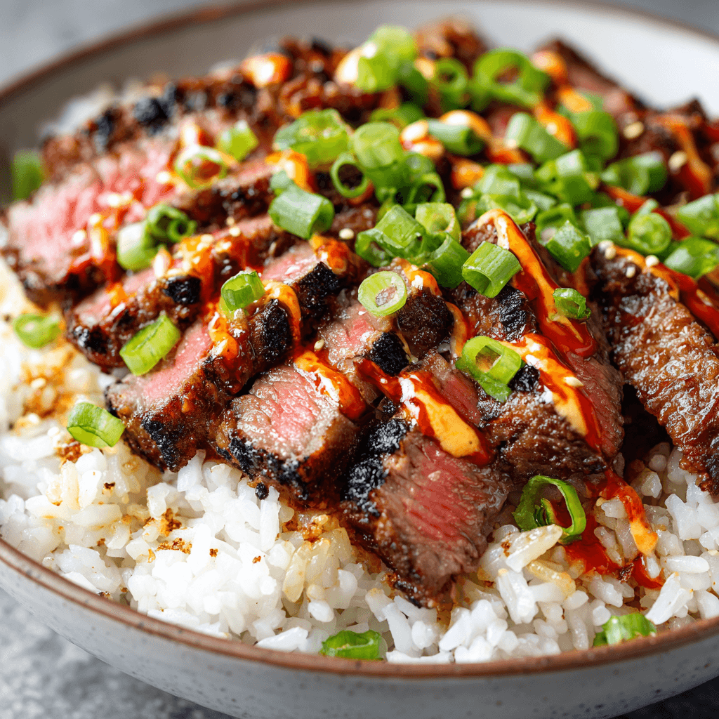 Close-up of Korean BBQ Steak Rice Bowl showing tender medium-rare steak slices with smoky char, creamy spicy sauce drizzle, and bright green onions over fluffy white rice.