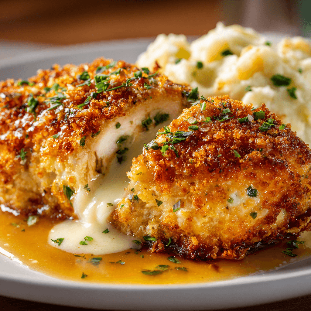 Close-up of Longhorn Parmesan Crusted Chicken showing crispy parmesan crust, melted cheese layer, and golden crumbs with herb garnish.