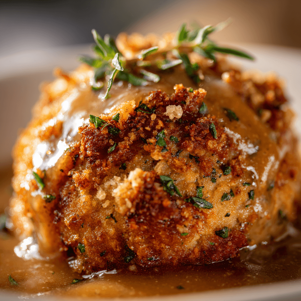 Turkey Stuffing Balls: Easy Recipe for Leftovers or Fresh 2 Close-up of a Turkey Stuffing Ball covered in rich gravy, showing crisp golden edges and tender texture with herbs and breadcrumbs.