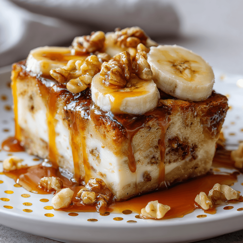 Warm banana bread pudding in a rustic baking dish, golden-brown top with caramel drizzle, banana slices and chopped walnuts on top, soft custardy texture visible at the edges.