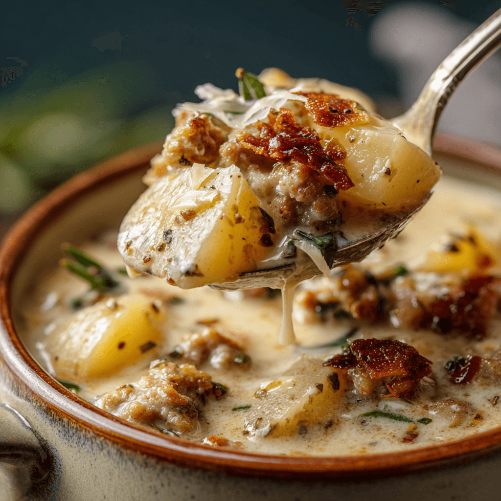 Creamy Sausage Potato Soup Recipe (Stove Top or Slow Cooker) 2 u7568358879 Close up of a spoonful of Sausage Potato Soup bei acc6157c 81c4 406f a74f c6370c5f8303 1 - Creamy Sausage Potato Soup Recipe (Stove Top or Slow Cooker)