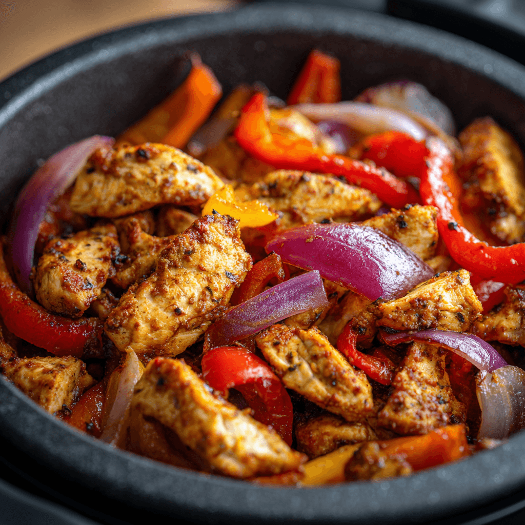 Close-up of sizzling chicken fajitas cooked in the air fryer with bell peppers.