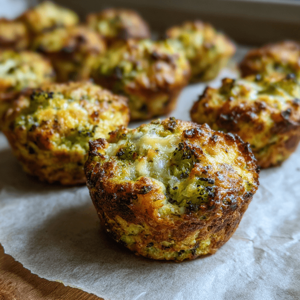 Close-up of crispy baked broccoli cheese bites on parchment paper.