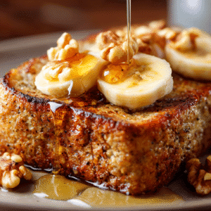 Close-up of golden banana bread French toast topped with bananas and syrup.