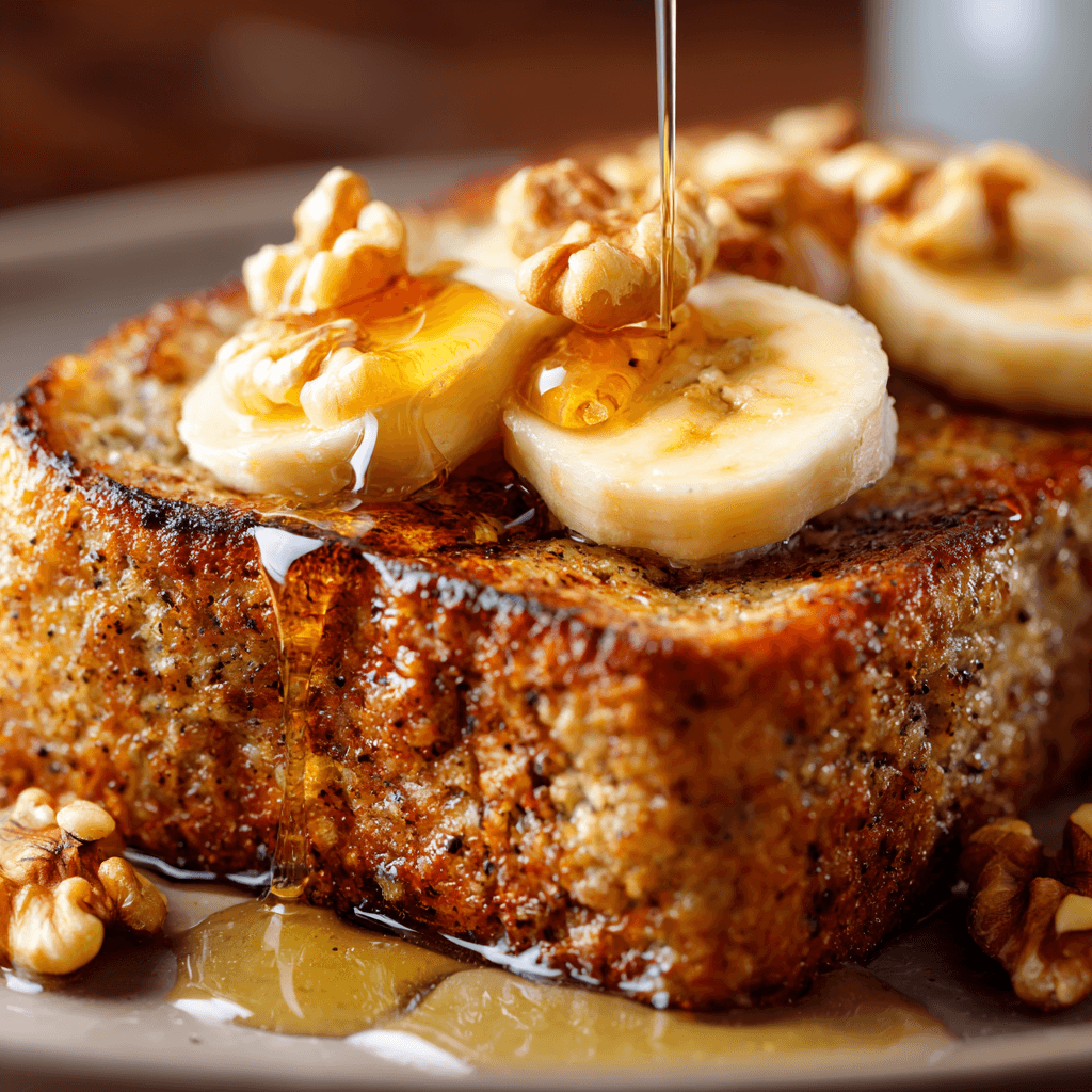 Close-up of golden banana bread French toast topped with bananas and syrup.