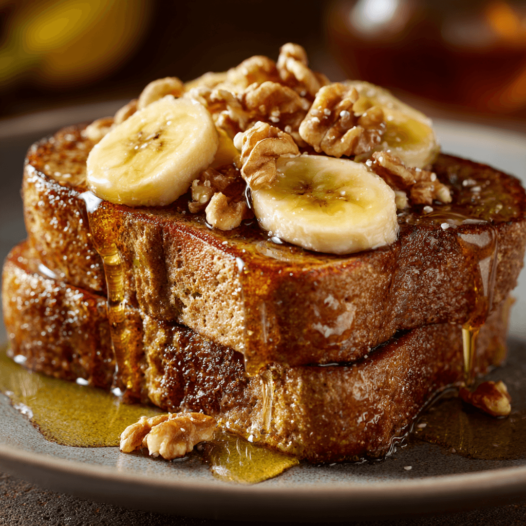 Stacked banana bread French toast topped with sliced bananas, whipped cream, and maple syrup.