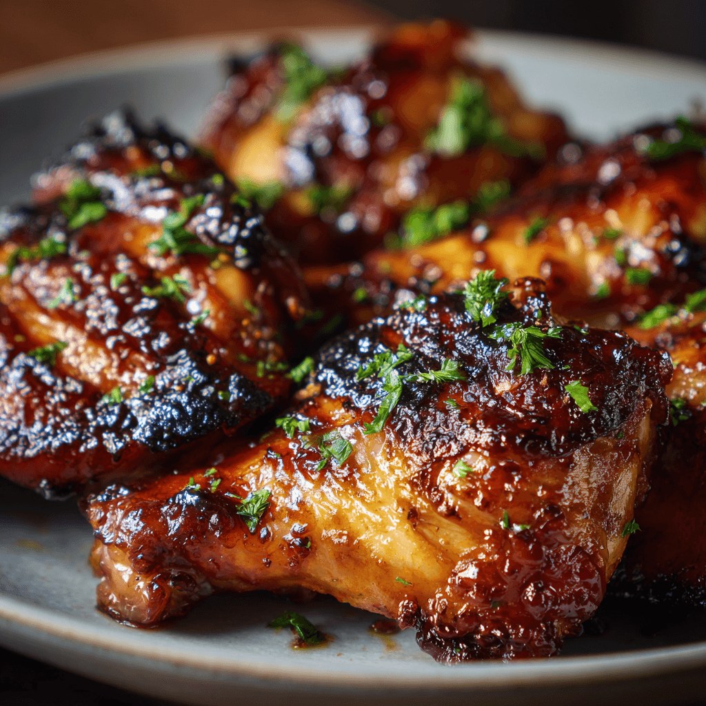 Close-up of juicy air fryer Kalbi chicken legs with glossy Korean BBQ glaze.