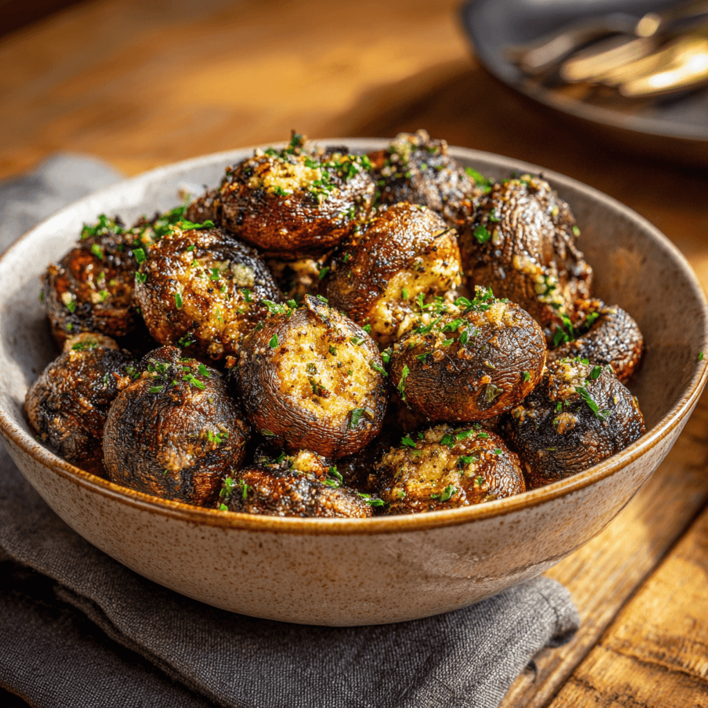Close-up of garlic butter air fryer mushrooms with herbs in a bowl.
