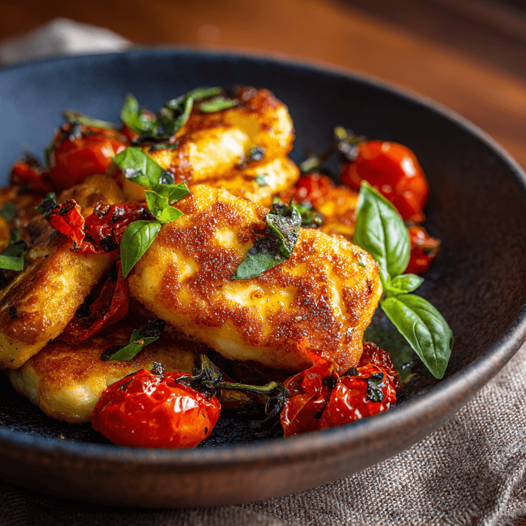 Close-up of golden-brown air fryer halloumi and roasted cherry tomatoes garnished with basil.