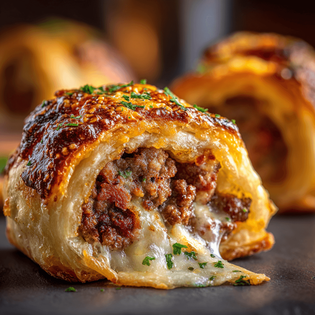 Close-up of one Garlic Butter Cheeseburger Rollup, showcasing melted cheese pull, juicy beef filling, and golden flaky pastry brushed with garlic butter and sprinkled with parsley.