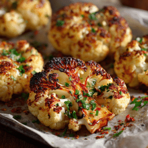Close-up of roasted cauliflower with garlic and paprika on parchment paper.