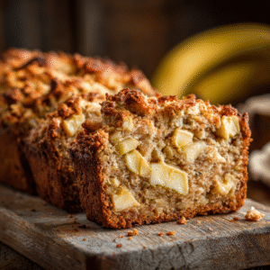 Close-up of sliced banana apple bread with visible apple chunks and moist texture.