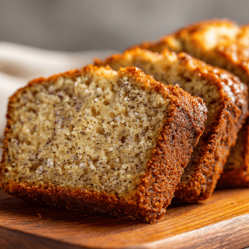 Close-up of sliced dairy-free banana bread with golden crust and moist texture.