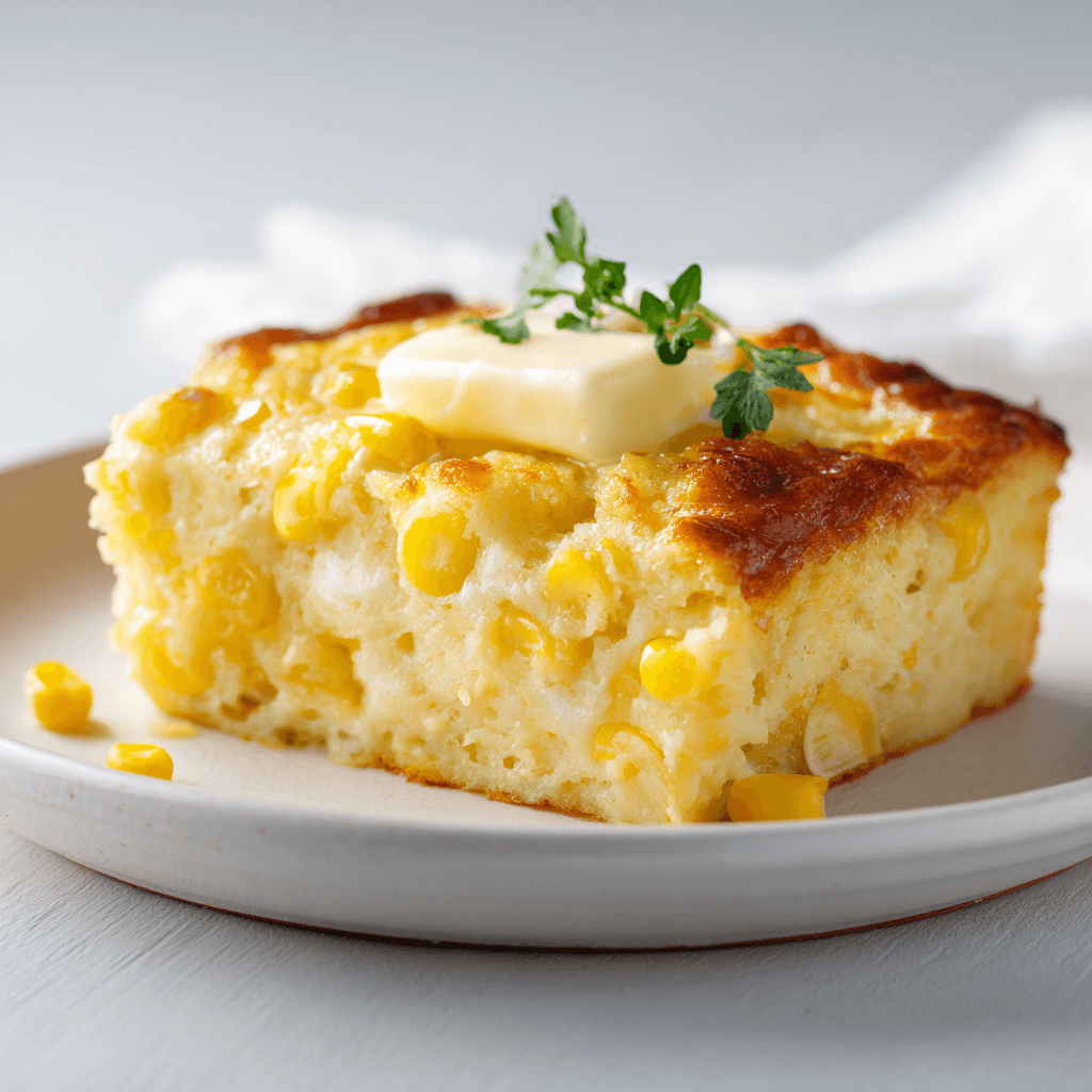 The Ultimate Corn Casserole Recipe 2 Corn casserole served on a white porcelain plate, soft creamy interior with a lightly browned crust, garnished with a small pat of melting butter, bright natural daylight, minimal background