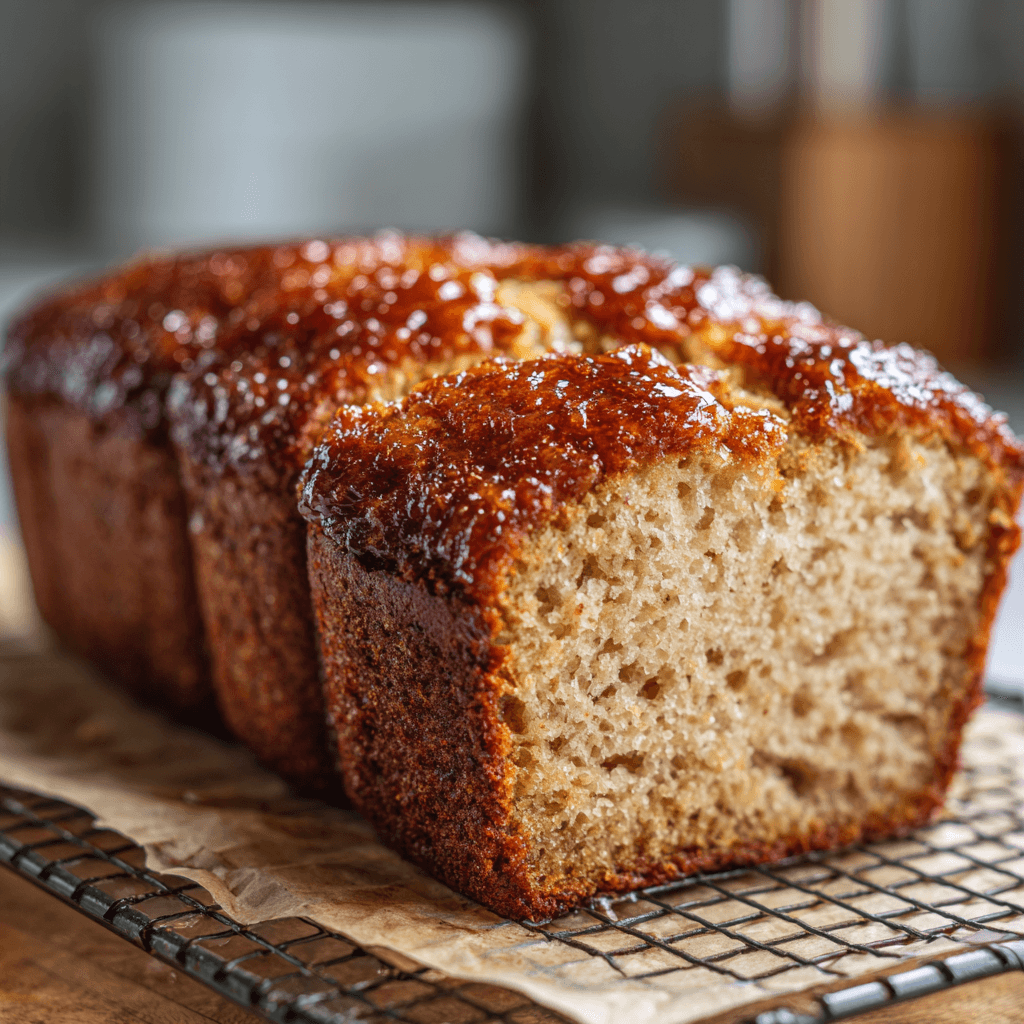 Delicious Cottage Cheese Banana Bread 3 Close-up of sliced cottage cheese banana bread with golden caramelized crust on a cooling rack — moist, fluffy texture and rustic home-baked style in natural light.