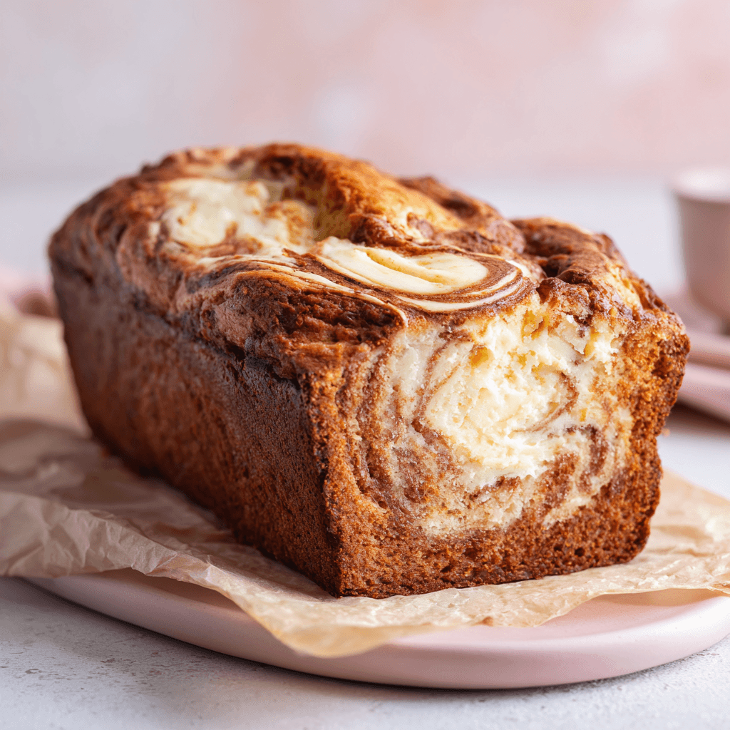 Golden cream cheese banana bread loaf with rich cheesecake swirl baked on top, resting on parchment paper and pink plate — soft daylight, moist crumb detail.