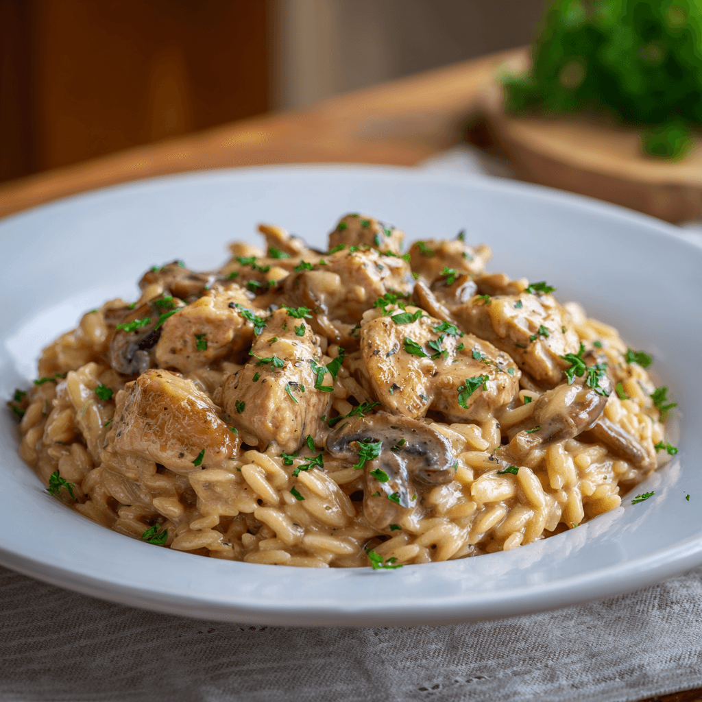 Creamy Marsala chicken orzo with mushrooms and parsley served on a white plate — bright, minimal background with natural light and elegant texture detail.