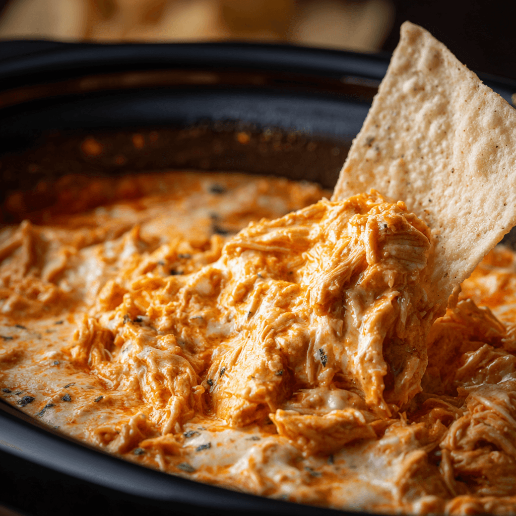 Creamy buffalo chicken dip with shredded chicken and spicy sauce being scooped with a tortilla chip.
