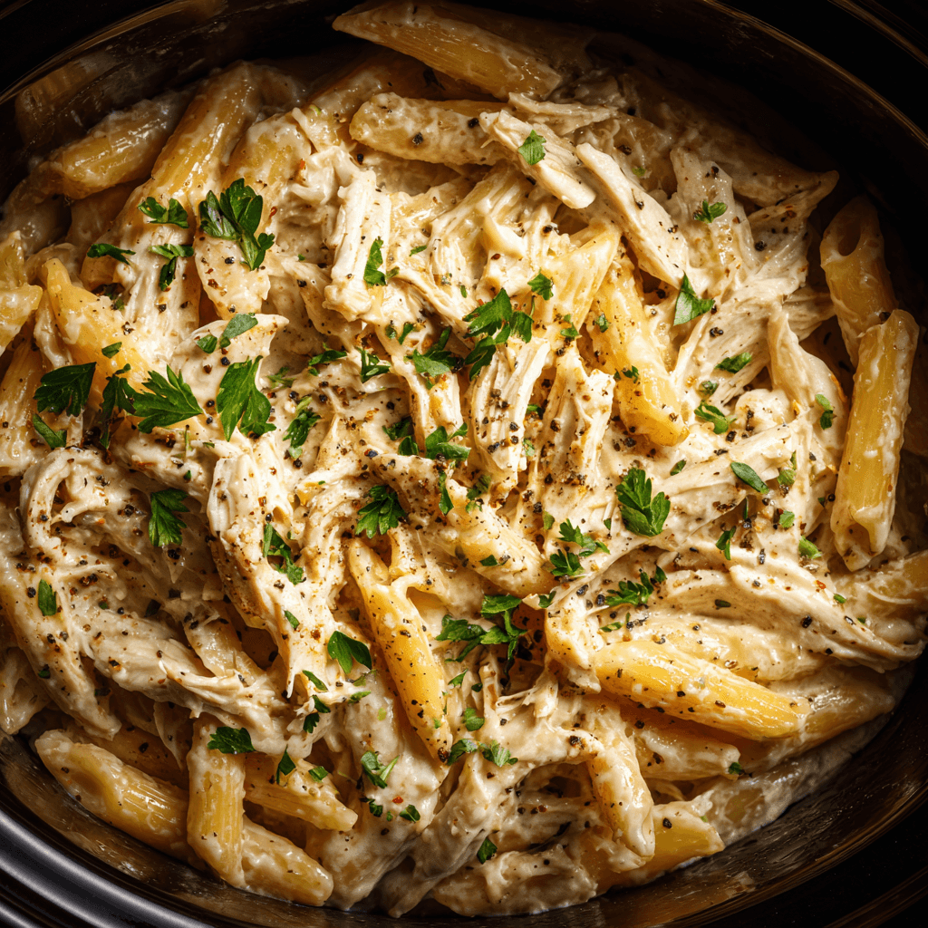 Creamy crockpot chicken alfredo with penne pasta and parsley in a slow cooker.