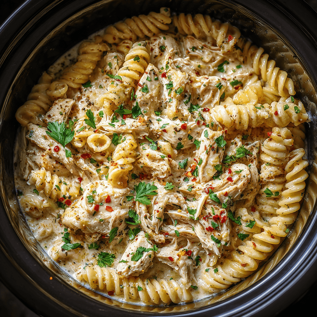 Creamy garlic parmesan chicken pasta with parsley and red pepper flakes served on a white plat