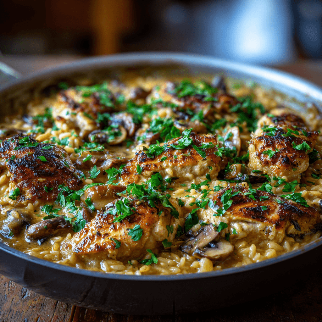 Skillet of creamy one-pot Marsala chicken orzo with mushrooms and parsley garnish — golden sauce, tender chicken, and rustic home-cooked dinner presentation in natural light.